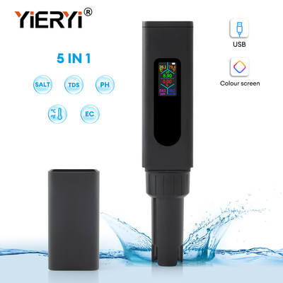 새로운 USB 재충전 가능한 5in1 물 품질 측정기 彩色屏 TDS, 소금, EC, pH, 온도 검사기