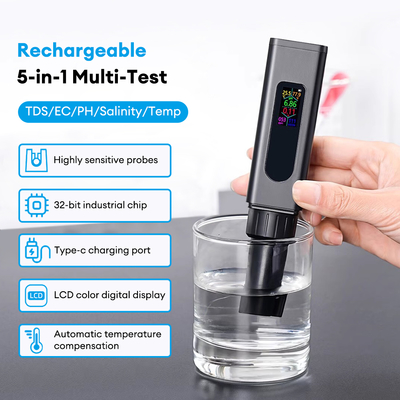 새로운 USB 재충전 가능한 5in1 물 품질 측정기 彩色屏 TDS, 소금, EC, pH, 온도 검사기