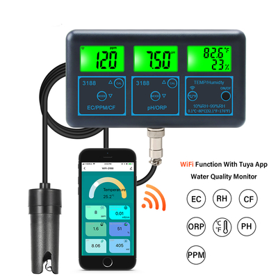 WiFi Tuya 앱 디지털 다기능 PH 미터 7in1 PH, EC, ORP, TDS, RH%, CF, 온도 온라인 검사자 물 품질 분석기