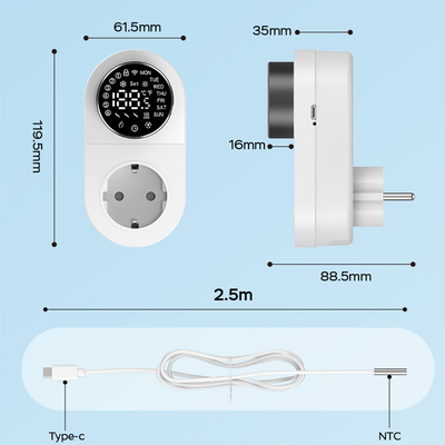 스마트 Tuya WiFi 온도 조절기 플러그 (타이머, 센서, 터치 컨트롤 포함)