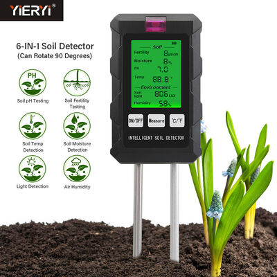 YiERYi 6-IN-1 토양 탐지기 3.5-9pH/0-99% 습도/0-3000μs/cm 비옥성 90° 회전식 화면