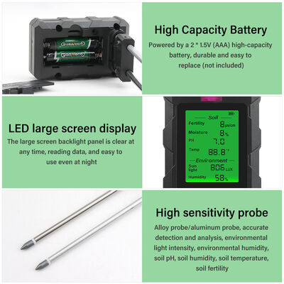 YiERYi 6-IN-1 토양 탐지기 3.5-9pH/0-99% 습도/0-3000μs/cm 비옥성 90° 회전식 화면