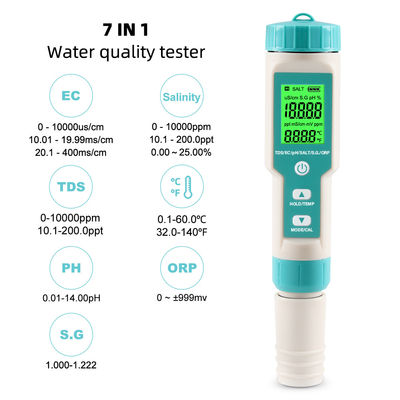 7-in-1 수질 측정기 - EC/염도/TDS/온도/pH/ORP/비중 측정기, 양식장, 가정 및 실험실용