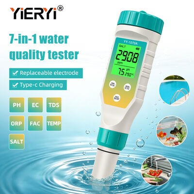 7-in-1 수질 측정펜, pH 염분 ORP TDS EC FAC 온도, 동시 녹색 백라이트 디스플레이, 충전식
